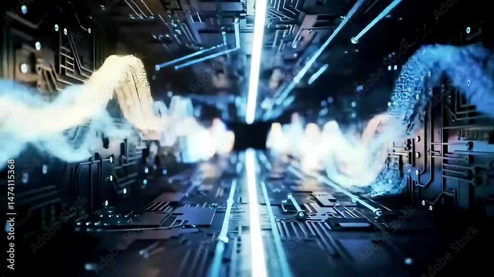 Poster futuristic digital tunnel with data stream and abstract energy waves