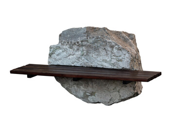 wooden bench mounted on a large rock isolated on white background