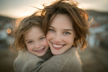 Obraz premium A heartwarming scene of a mother and her cute girl kid playing outside in the park, capturing the essence of happy family moments, motherhood, and childhood, with a special message for Mother's Day