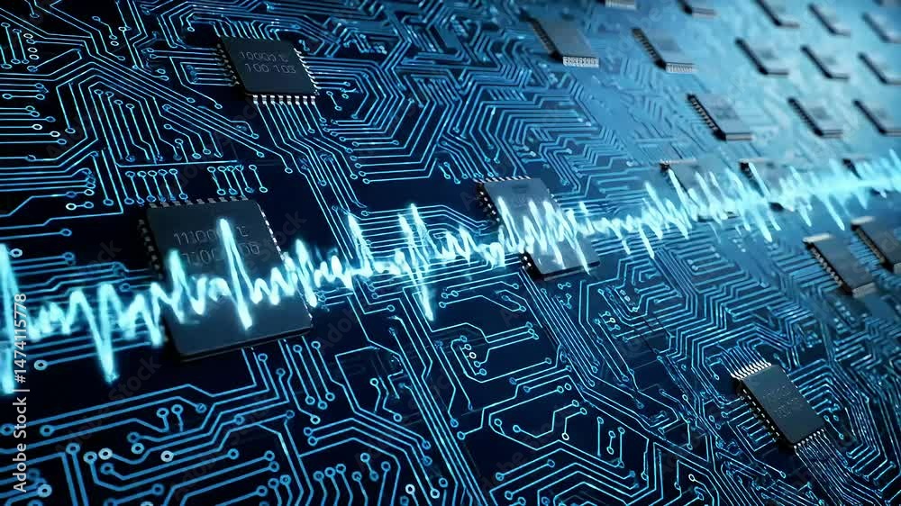 Poster Animated Circuit Board with Glowing Waveform Illustrating Data Flow and Processing