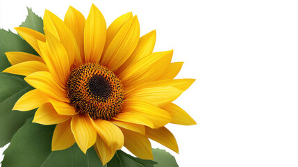 Fototapeta premium Bright yellow sunflower with green leaves is isolated against a pure white background, showcasing its vibrant petals and natural beauty in a simple composition.