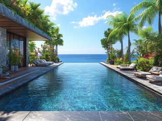 Obraz premium Luxurious waterfront pool overlooking a tranquil ocean.