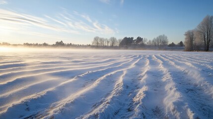 A winter landscape with rippled snow and sunlight.