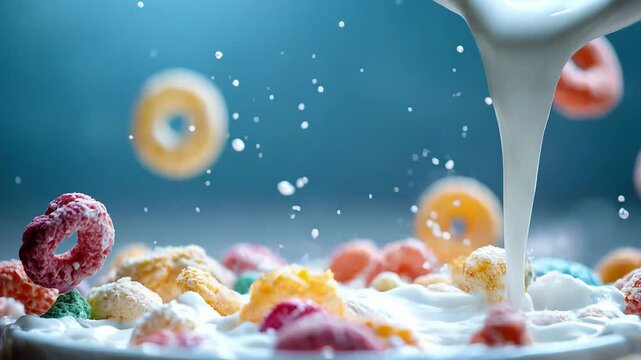 Colorful fruit cereal rings splashing in milk as it's poured into a bowl. Vibrant dry breakfast scene, perfect for advertising cereals and morning food products