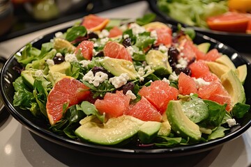 A vibrant salad with mixed greens, avocado, grapefruit, and a citrus dressing