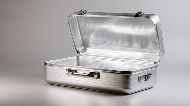 Open empty aluminum suitcase with spacious interior, lying on a smooth white surface, suggesting travel preparation