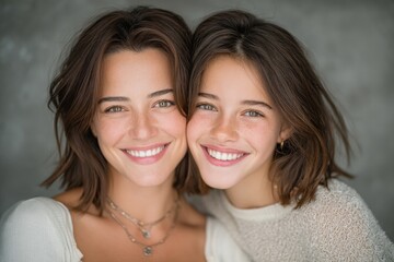 An attractive woman is photographed with her little daughter, smiling and embracing, against a gray isolated background