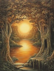 Enchanted Forest River at Sunset Oil Painting Style with Sunlight Reflection and Magical Atmosphere