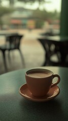 Fototapeta premium Coffee cup on table at cafe close up vertical shot with blurred background for morning routine