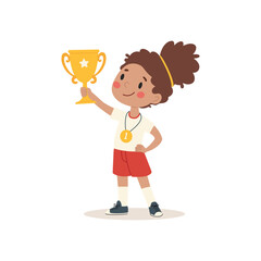 Cute little girl holding a trophy cup. Cartoon vector illustration.