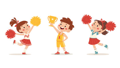 set with children athletes. Cute girls cheerleaders with pom poms. Girls and boys with awards for achievements, Sports achievements and support