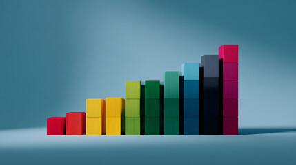 Colorful wooden blocks arranged in a bar graph illustrating growth and progress against a light blue background.