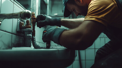 Plumber Fixing a Pipe in a Bathroom