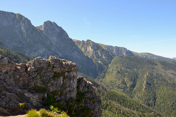 Beautiful view from the Sarnia Skala (eng: Deer Peak) peak with a height of 1,378 m. Tatra National Park. Zakopane, Poland. View of Giewont