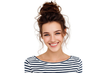Smiling young woman in stripes with messy bun and fun expression Isolated on transparent Background