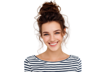 Smiling young woman in stripes with messy bun and fun expression Isolated on transparent Background