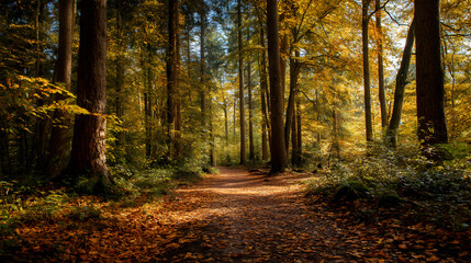 Fototapeta premium Sunlight streams through the forest canopy, illuminating a path covered in fallen leaves