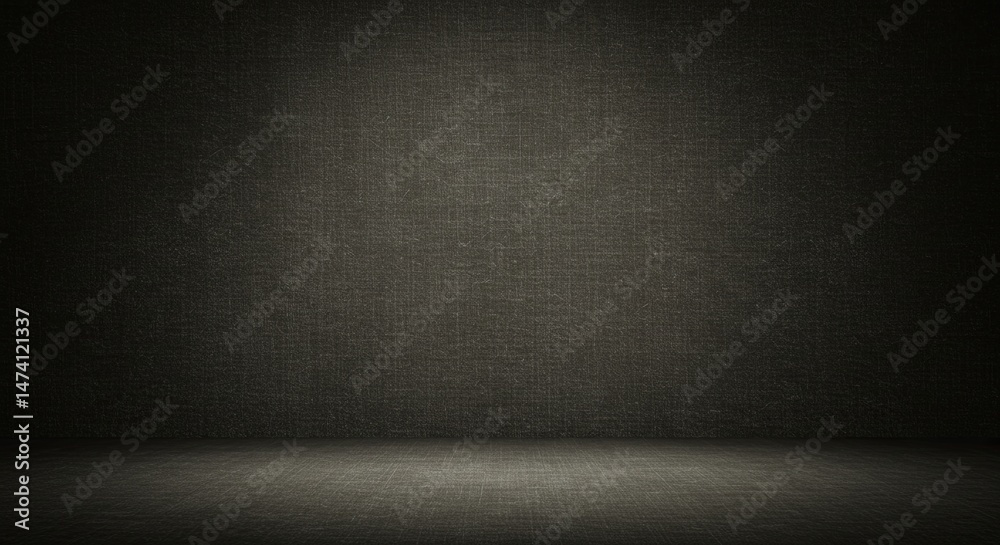 Poster a dark room with a wall that is covered in a patterned fabric