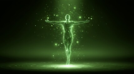 Obraz premium The concept of human power, digital immortality, virtual reality, stock, and resurrection is a science notion, depicted in a 3D illustration with a green futuristic style graphic background