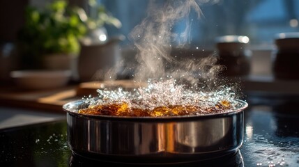 Water boiling over slightly from a pot, creating a sizzling mess on the stovetop