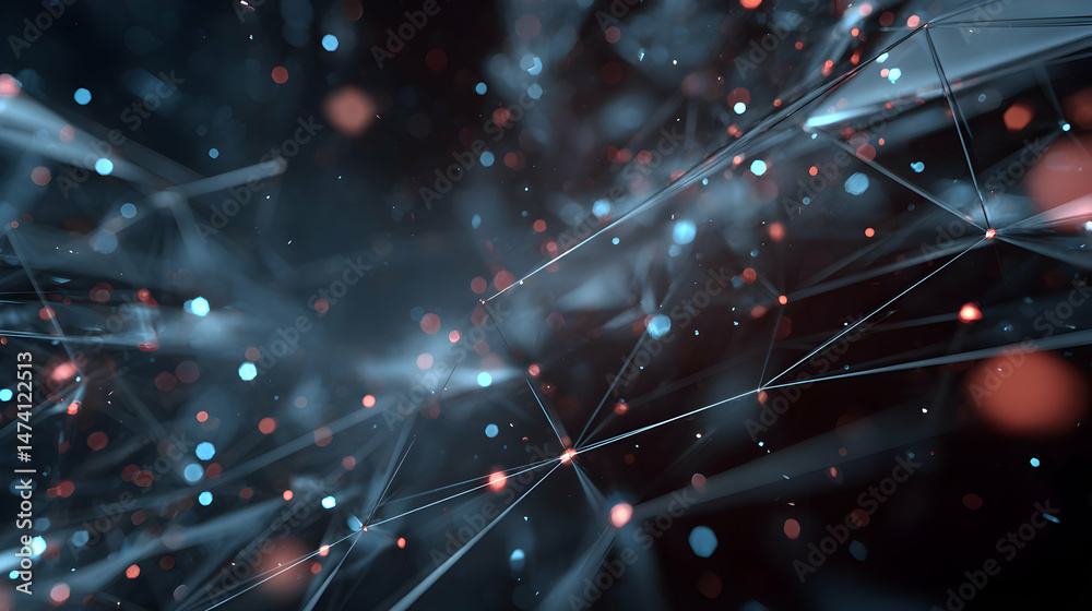 Poster complex network structure with vibrant bokeh lights in a dark abstract setting