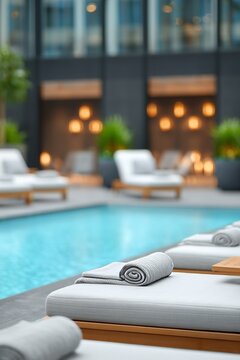 In a modern setting, a tiled room situated near the swimming pool features three empty white lounge chairs, with the spa room unoccupied, and deck chairs provided for clients to relax after their spa