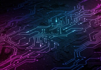 Abstract circuit board design with glowing blue and purple lines on a dark textured surface