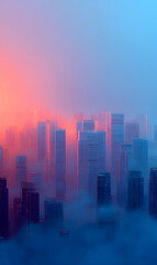 Futuristic cityscape shrouded in mist bathed in soft warm light with a dreamlike quality