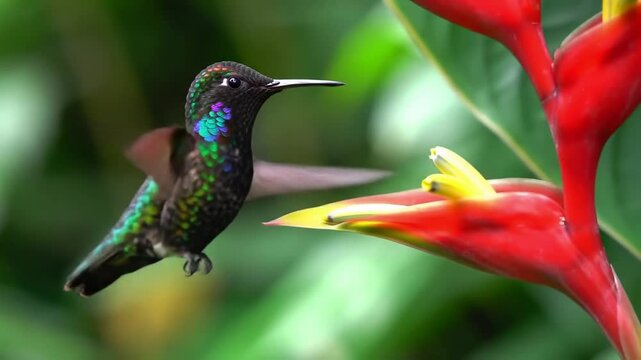 Hummingbird Flitting Near Vibrant Heliconia Flower In Tropical Garden