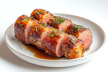 Sliced Pork Tenderloin with Glazed, and Plate.