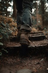 Close-up of a person hiking on forest trail steps, outdoor adventure and nature exploration concept