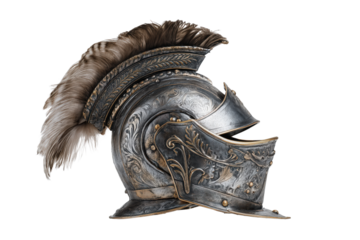 Medieval Knight Helmet with Feather Crest in Clean Bright Light Isolated on transparent Background