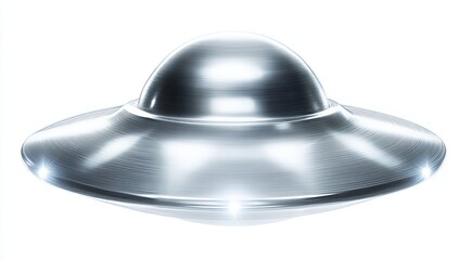 Fototapeta premium Against a pure white background, a flying saucer UFO alien spaceship is depicted with a high-gloss metallic finish in a unique hovering wallpaper design