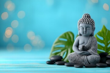 Buddha mit Bambus, Massage Steinen und einer Schale voller Blüten