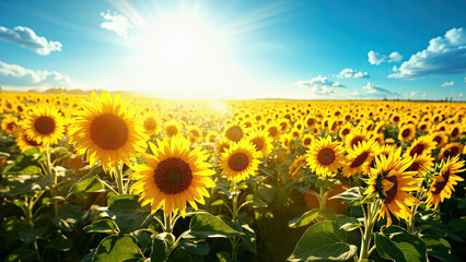 Obraz premium A breathtaking field of sunflowers illuminated by a bright sun with a stunning blue sky background.