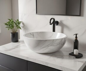 Glossy black vessel sink, off-white marble countertop, minimalist tapware ,  detail,  light