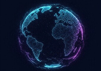 Digital earth globe with glowing continents and particles against a dark background, showing the americas and europe
