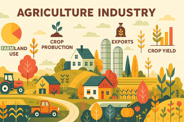 infographic illustration of agriculture industry,  flat vector illustration, clean lines and minimalistic