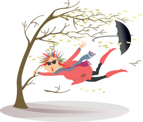 Bad weather. Hurricane. Frightened woman grabbing a tree branch. 
Strong wind bends tree and tears off the leaves. Frightened young woman grabbing a tree and lost umbrella
