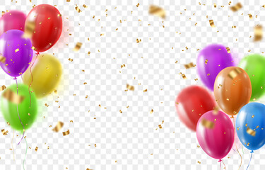 Festive confetti and flying balloons png. Golden bright confetti falls. Holidays and Birthday. Vector celebration background with confetti and 3d helium balloons. Isolated on transparent background. © Leonid