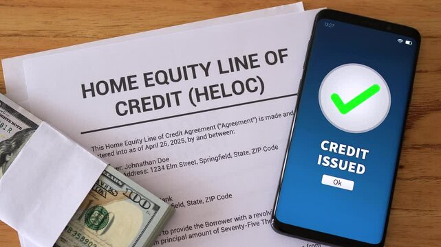 Concept of getting a HELOC mortgage. Home Equity Line Of Credit issued notification on smartphone.