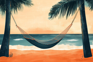 A peaceful depiction of a hammock hanging between palm trees on a sandy shore with the ocean in the background, perfect for conveying summer relaxation and tropical getaways.