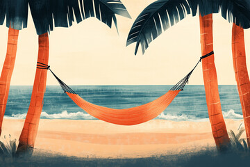 A peaceful depiction of a hammock hanging between palm trees on a sandy shore with the ocean in the background, perfect for conveying summer relaxation and tropical getaways.
