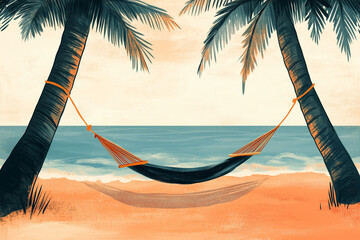 A peaceful depiction of a hammock hanging between palm trees on a sandy shore with the ocean in the background, perfect for conveying summer relaxation and tropical getaways.
