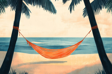 A peaceful depiction of a hammock hanging between palm trees on a sandy shore with the ocean in the background, perfect for conveying summer relaxation and tropical getaways.