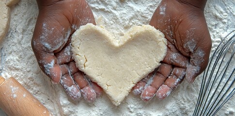 African american mother and daughter are shown in a cropped image preparing cookies with a heart shaped mold in the kitchen