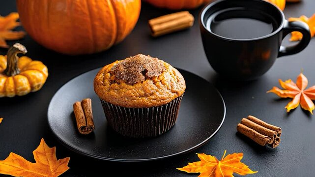 Autumnal pumpkin muffin with coffee and leaves.
