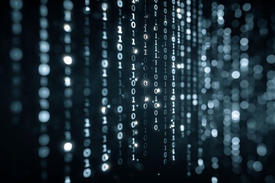 Digital data stream background featuring binary code illustrates the flow of information related to cyber security technology