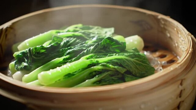 Steaming Fresh Bok Choy In A Traditional Bamboo Steamer