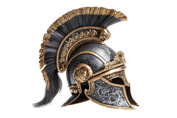 Luxurious medieval knight helmet with golden accents and elegant plume design Isolated on transparent Background